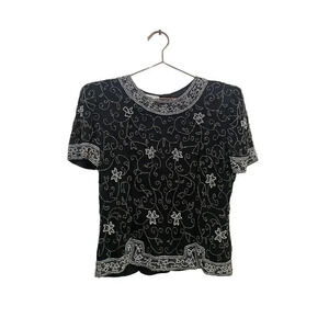 Stenay Black Short Sleeve Floral Beaded Blouse Top Size Medium